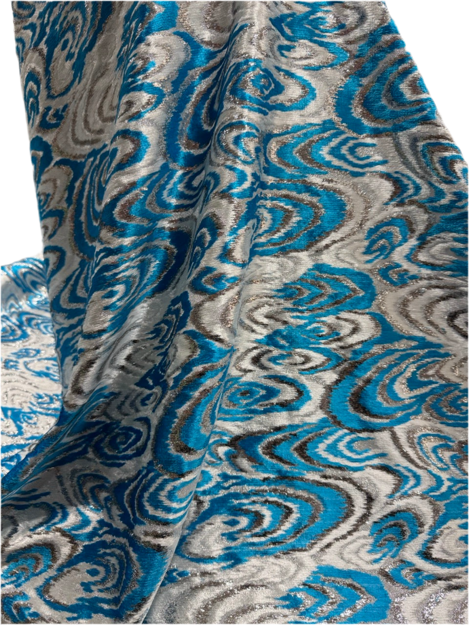 Metallic Velvet-Style Fabric – Blue & Silver Swirl Design (Sold Per Metre)