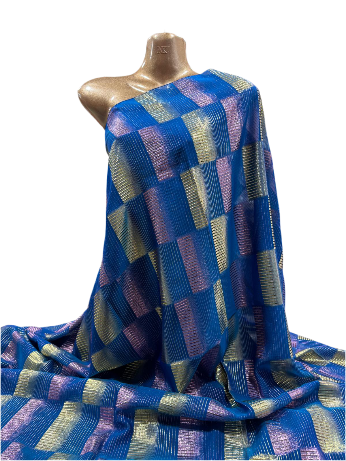 Silk Chiffon with Gold & Pink Lurex – Blue Check Design (2 Metres)