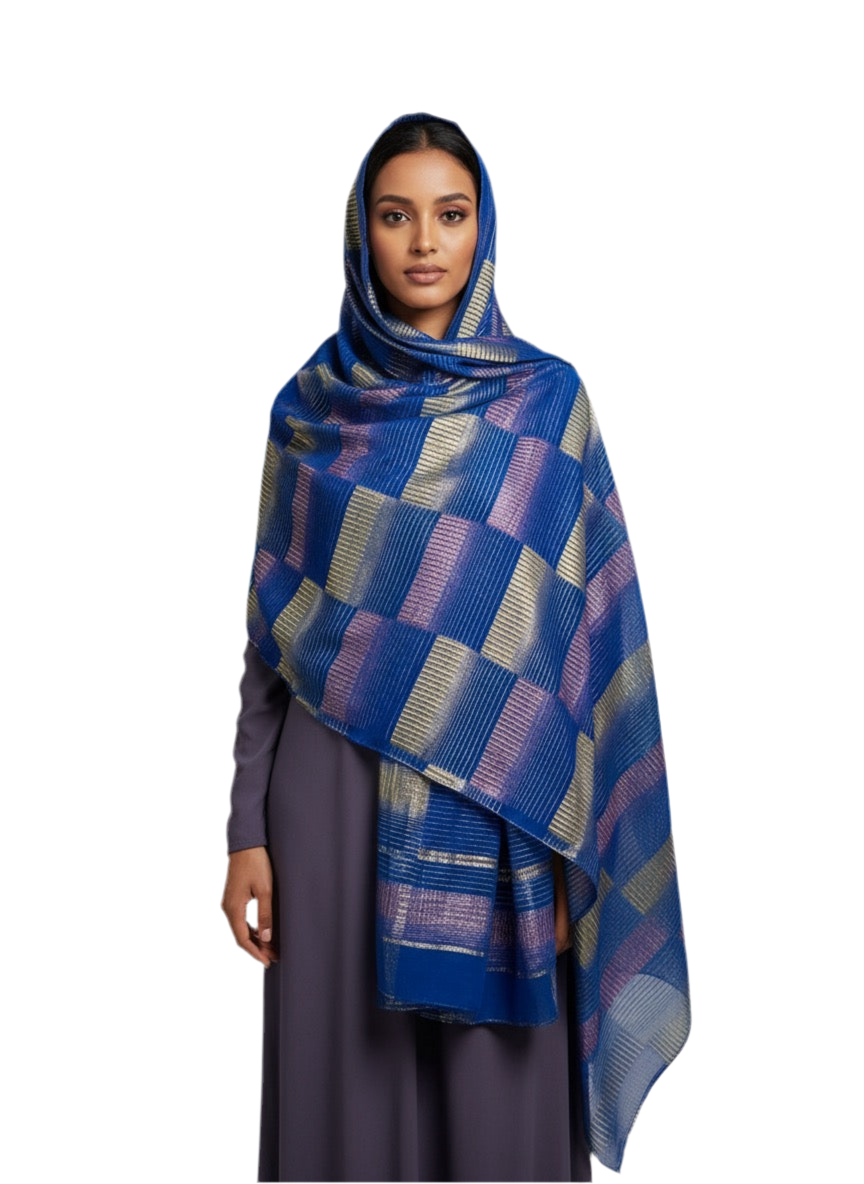 Silk Chiffon with Gold & Pink Lurex – Blue Check Design (2 Metres)