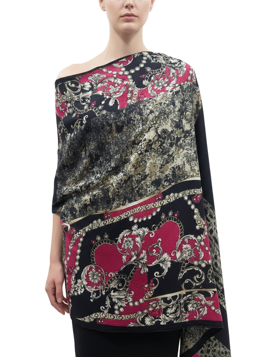 Luxury Silk Square Scarf – Black, Red & Gold Baroque Design (100% Silk, Made in India)