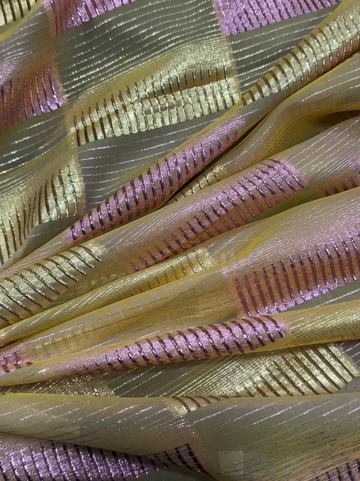 Silk Chiffon with Gold & Pink Lurex – Gold Check Design (2 Metres)