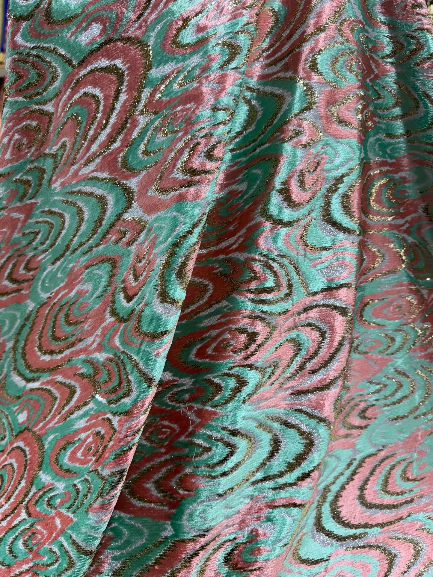 Metallic Velvet Jacquard Fabric – Pink & Mint Swirl Design (Sold Per Metre)