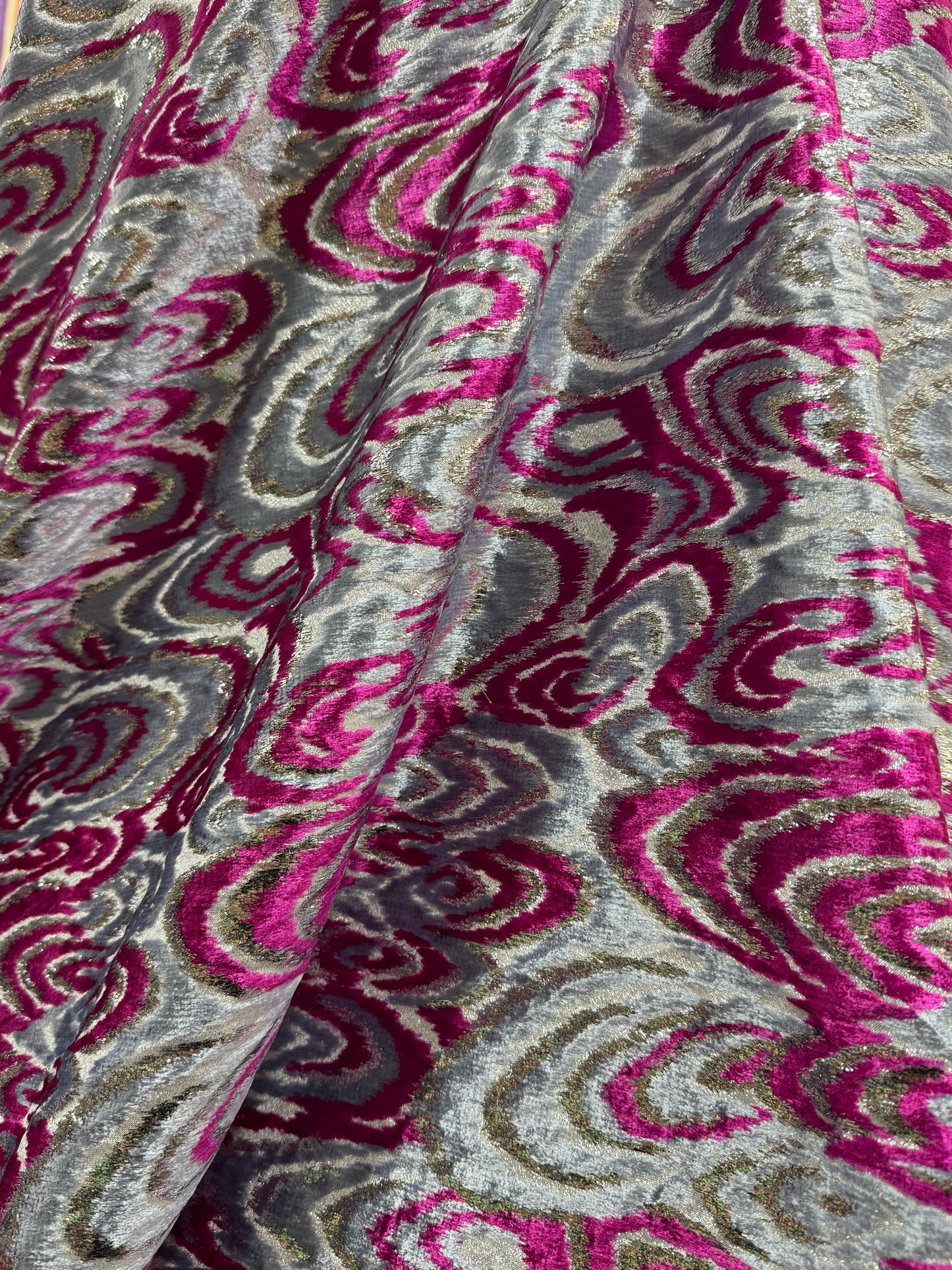 Pink & Silver Metallic Velvet Fabric – Abstract Swirl Design (Sold Per Metre)