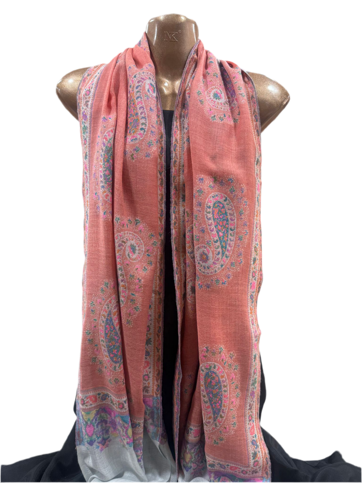 Luxury Wool Shawl with Paisley & Floral Border – Coral Pink