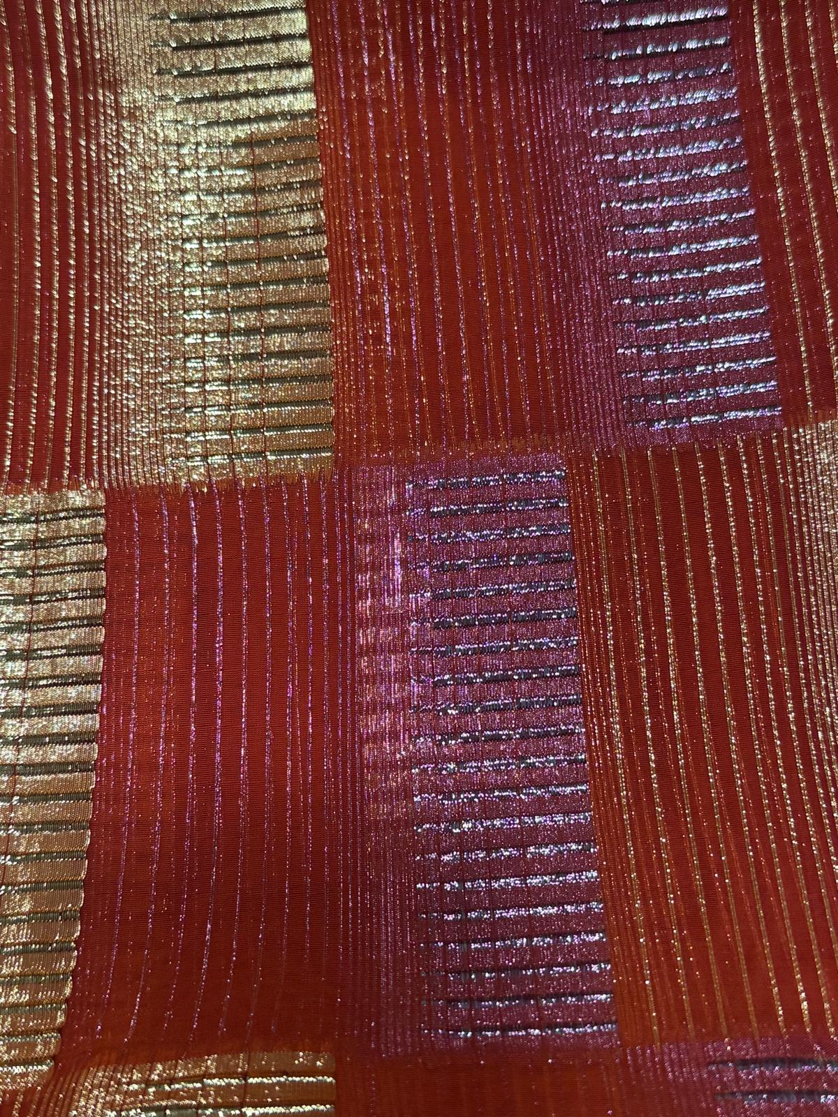 Silk Chiffon with Gold & Pink Lurex – Orange Check Design (2 Metres)