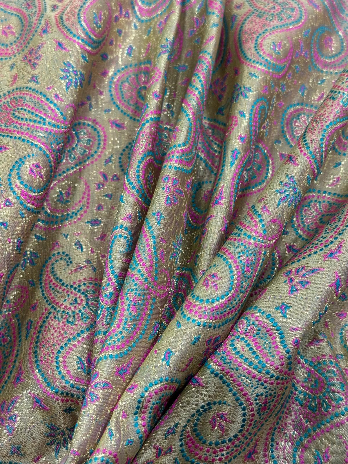 Banarasi Silk Sari in Soft Gold with Teal and Magenta Paisley Weave – Handcrafted in Varanasi