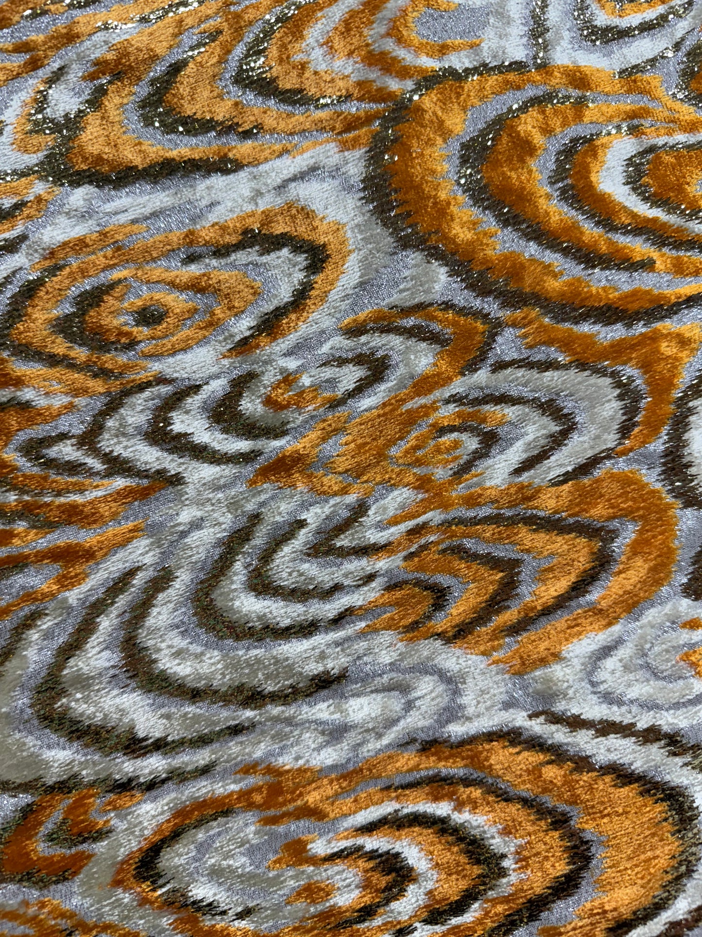 Metallic Velvet Fabric – Golden Amber Swirl Design (Sold Per Metre)