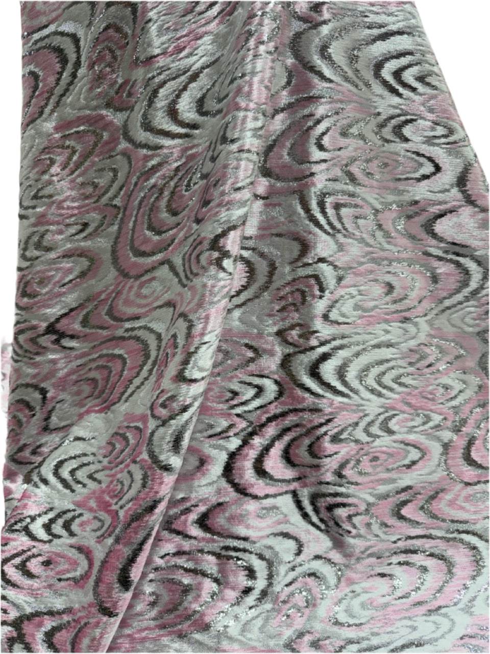 Metallic Velvet Swirl Fabric – Soft Pink & Silver (Sold Per Metre)