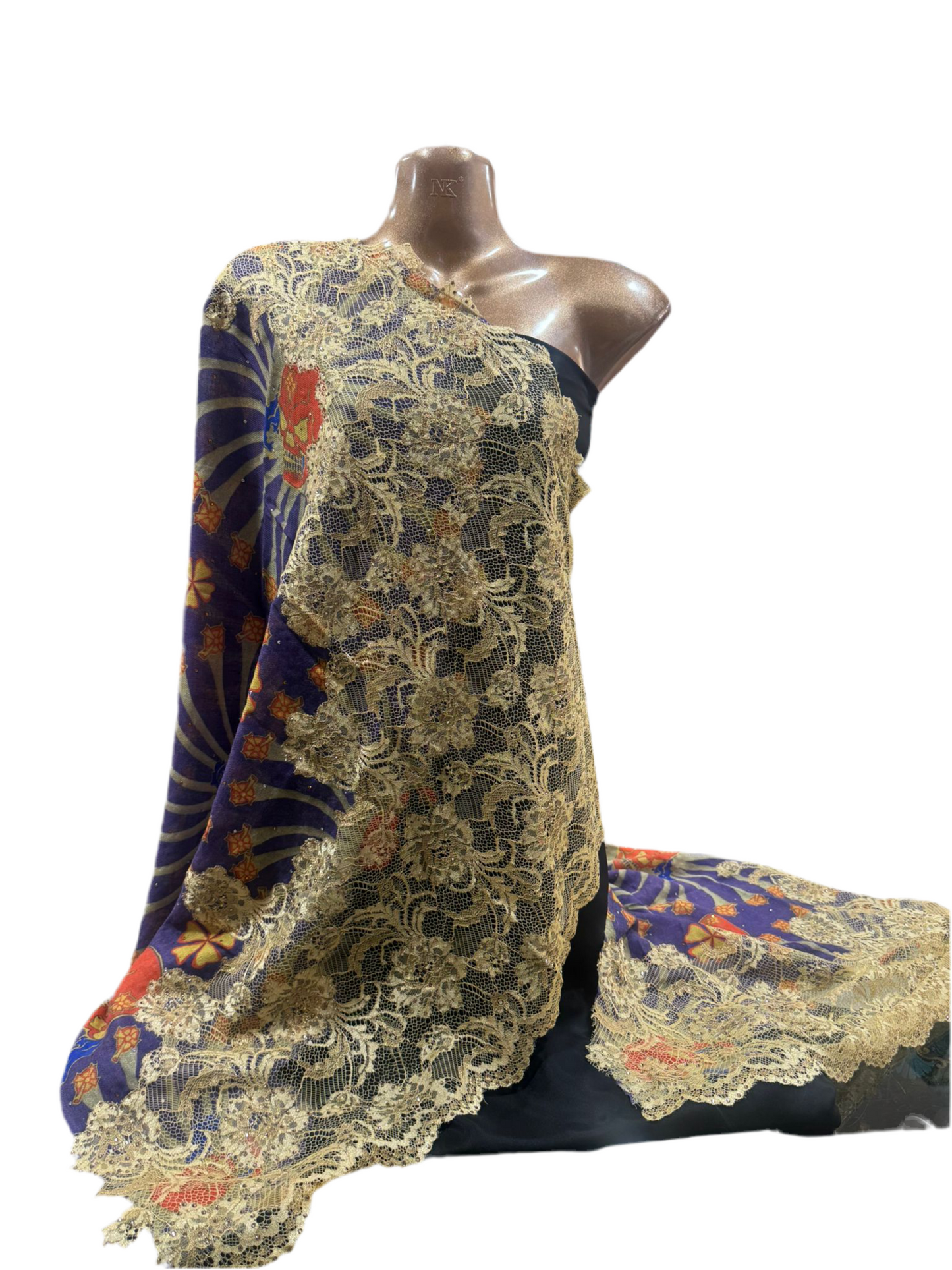 Luxury Wool & Lace Shawl with Skull Motif – Purple & Gold Edition