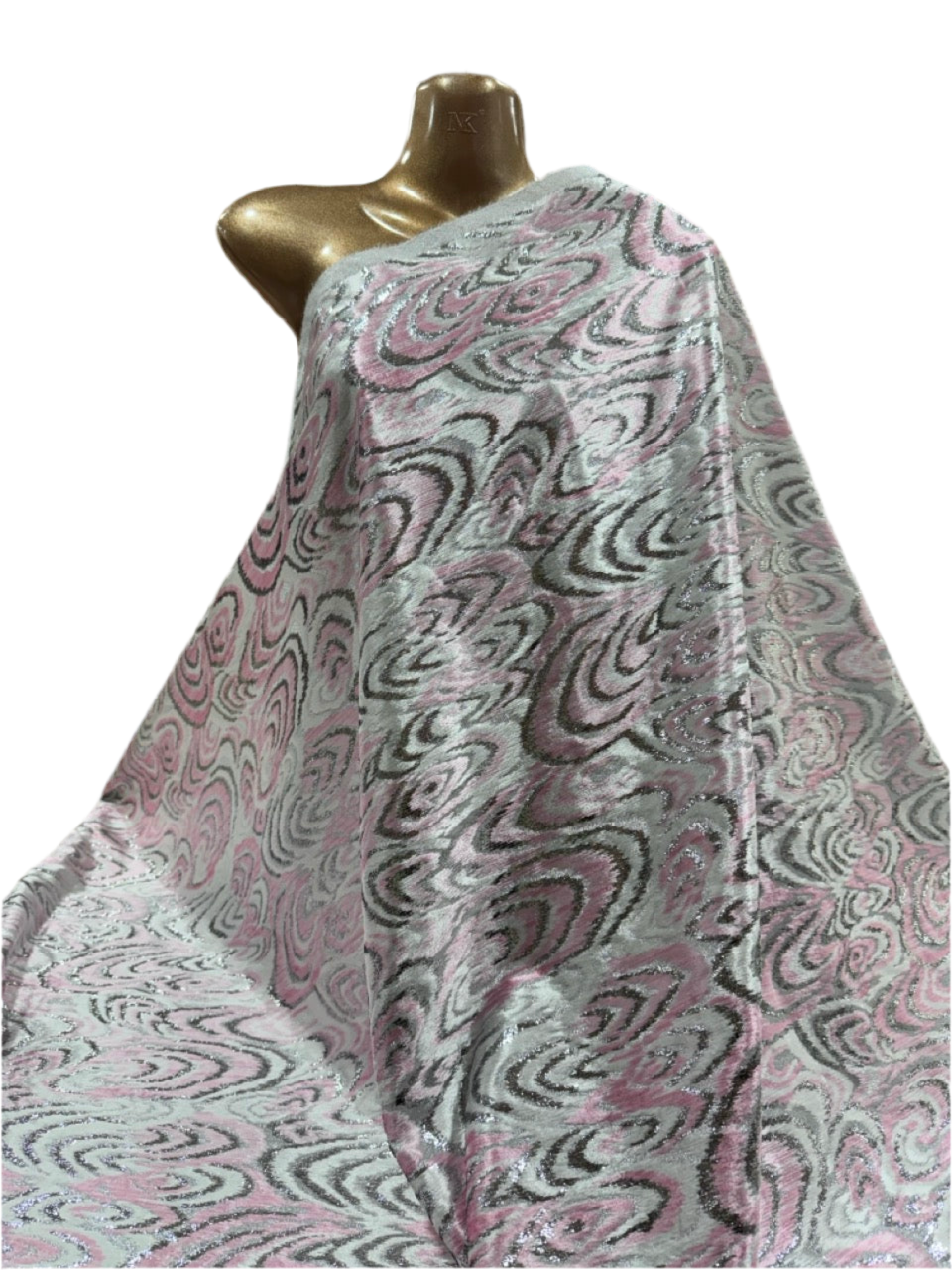 Metallic Velvet Swirl Fabric – Soft Pink & Silver (Sold Per Metre)