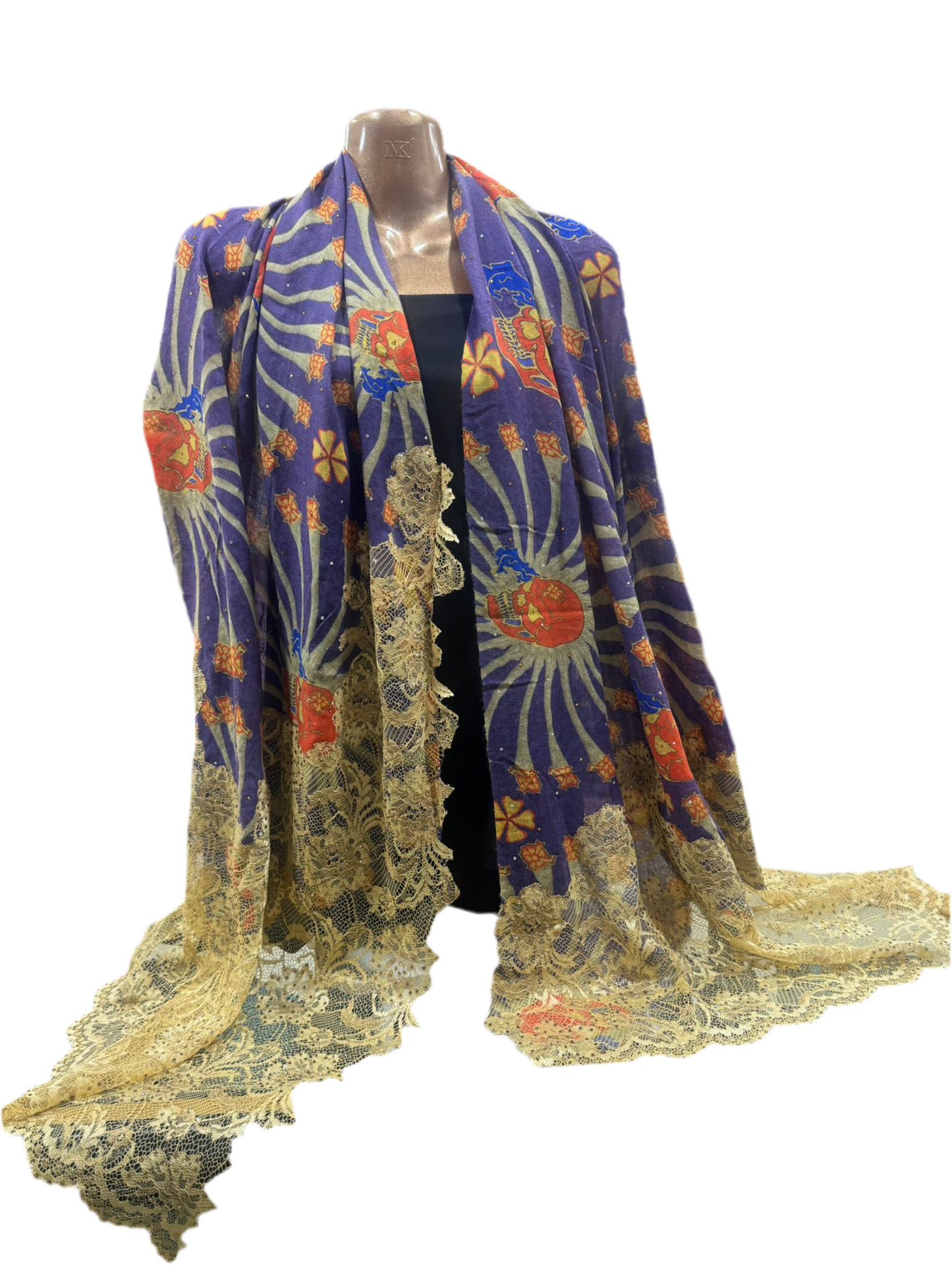 Luxury Wool & Lace Shawl with Skull Motif – Purple & Gold Edition