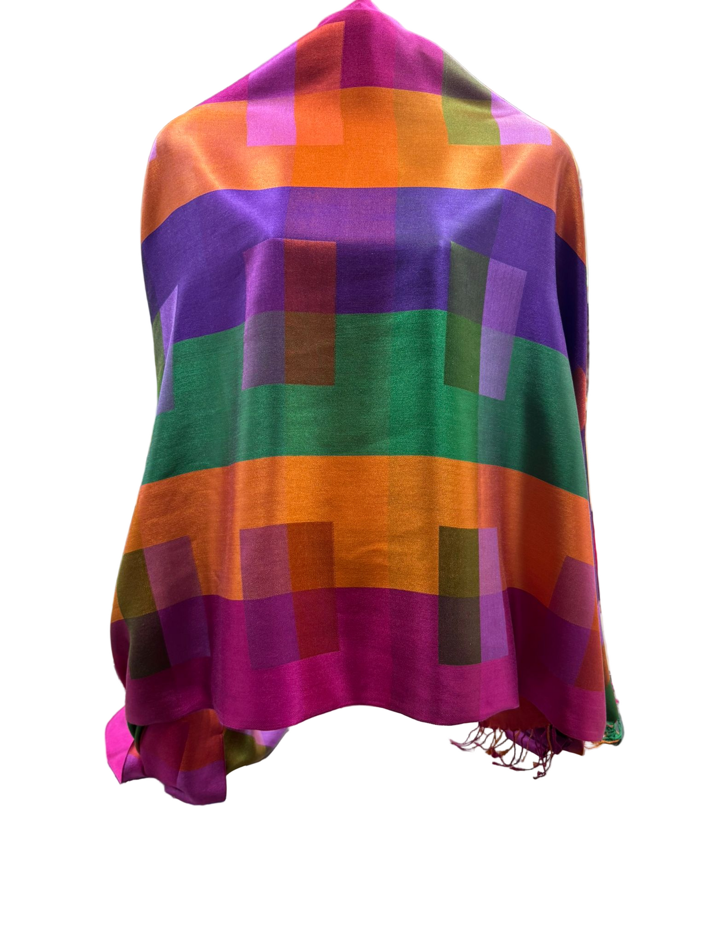 Vibrant Multicolour Geometric Shawl – Satin Finish, Lightweight Drape (Made in India)