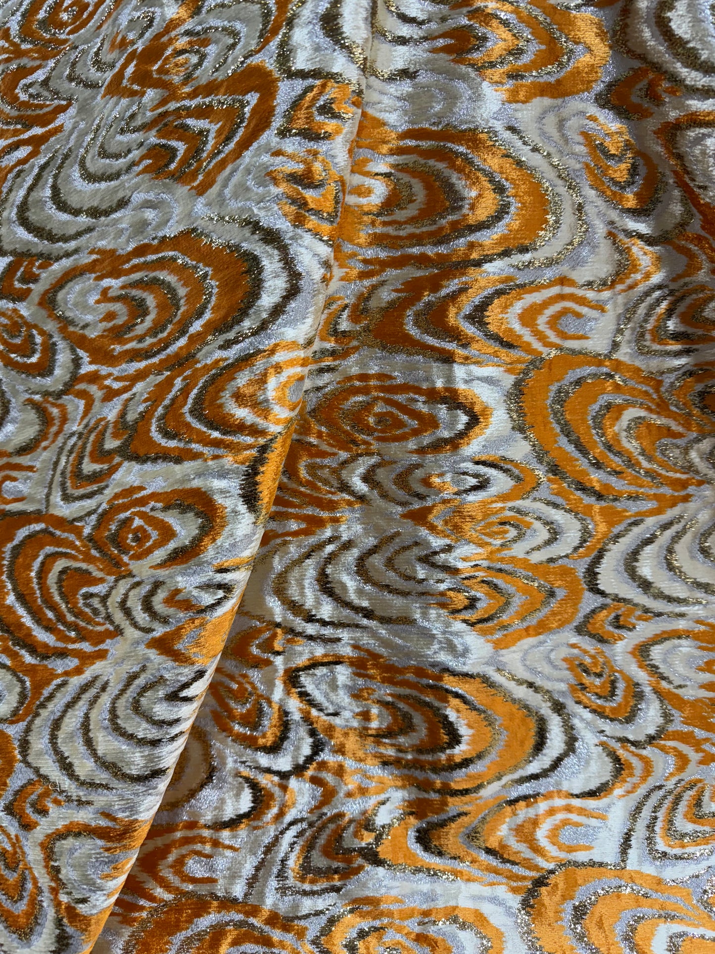 Metallic Velvet Fabric – Golden Amber Swirl Design (Sold Per Metre)