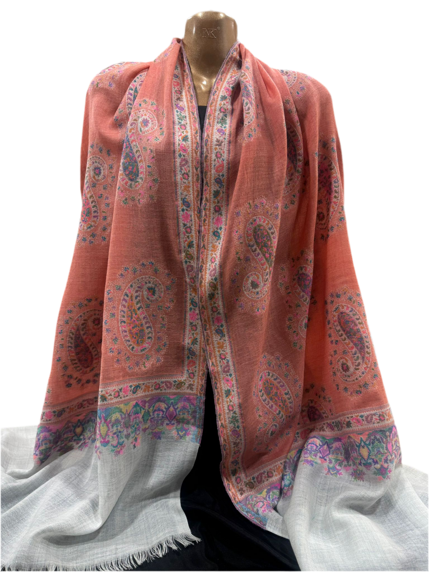 Luxury Wool Shawl with Paisley & Floral Border – Coral Pink