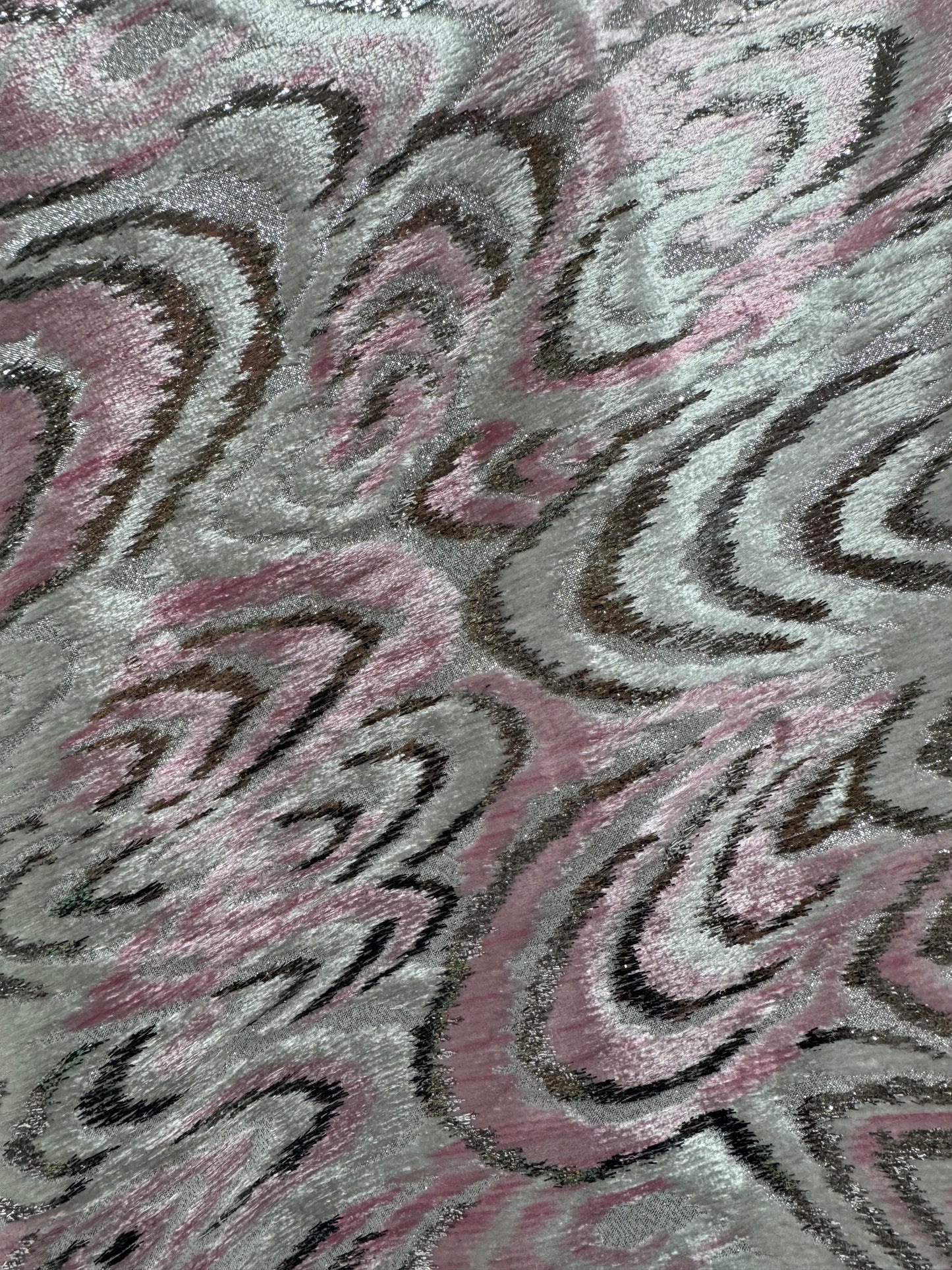 Metallic Velvet Swirl Fabric – Soft Pink & Silver (Sold Per Metre)