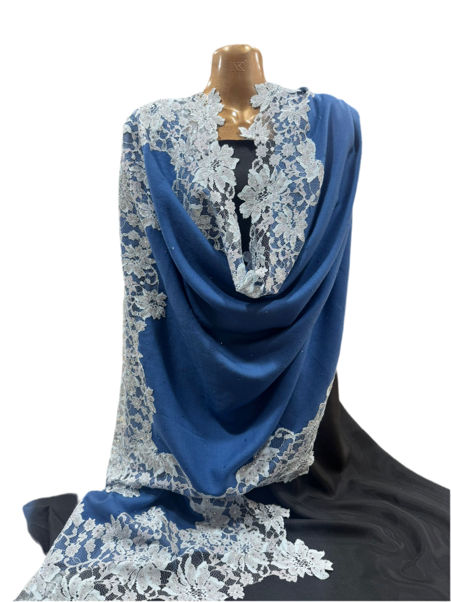 Luxury Wool & Silk Lace Shawl – Denim Blue