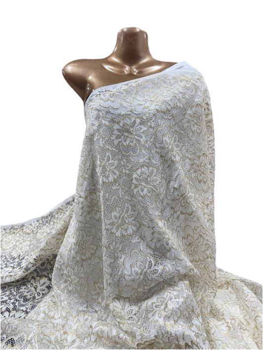 Elegant Ivory Washable Lace with Gold Detailing – Per Metre (115cm Width)