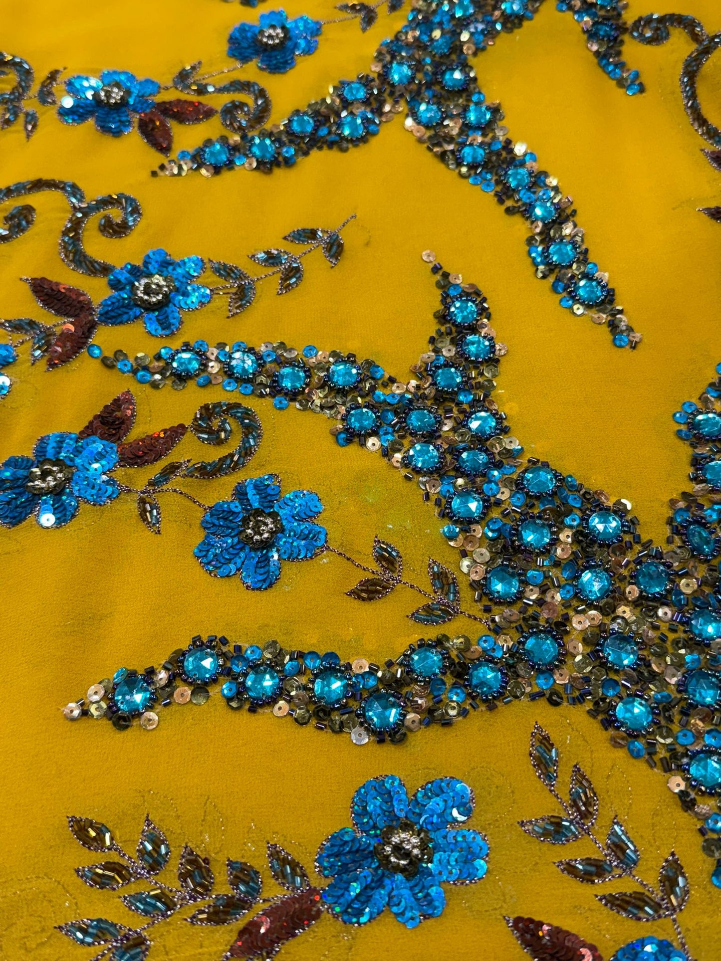 Mustard Yellow Hand-Embroidered Chiffon ‘Dupatta’ with Blue Floral Detailing