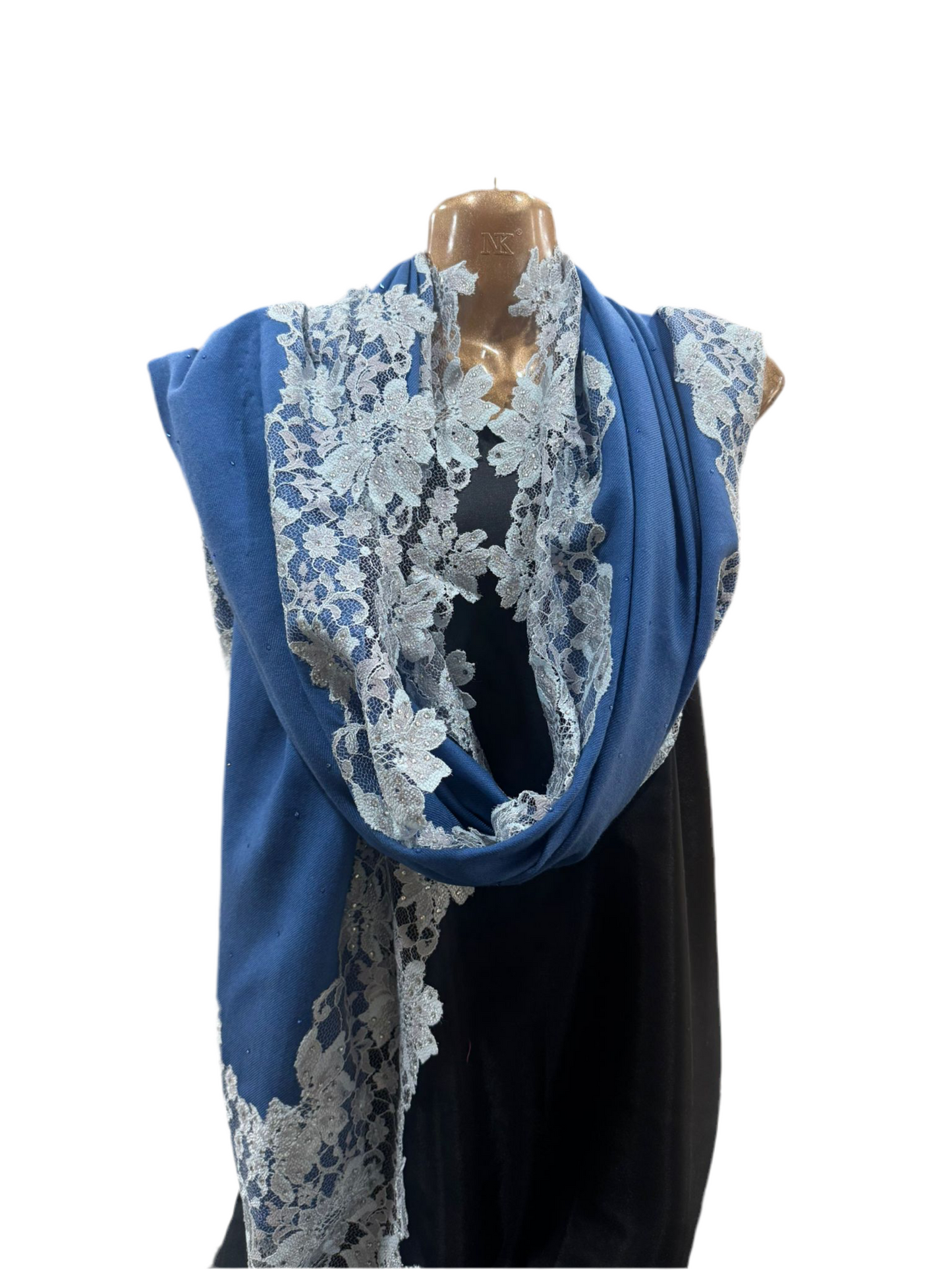 Luxury Wool & Silk Lace Shawl – Denim Blue