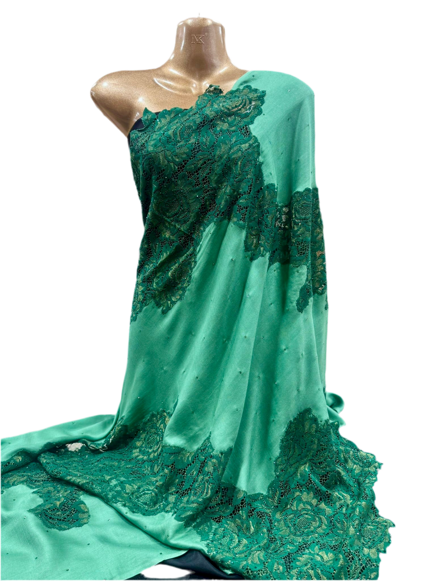 Luxury Wool & Lace Shawl with Crystal Stone Detailing – Emerald Green