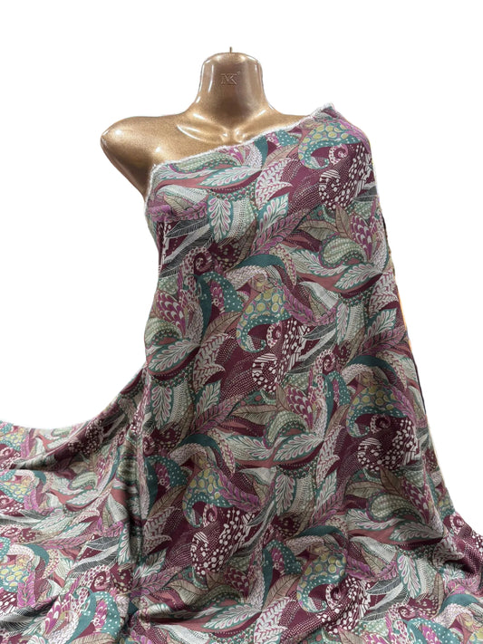 Burgundy and Teal Botanical Swirl Viscose Blend Fabric (112cm Wide)