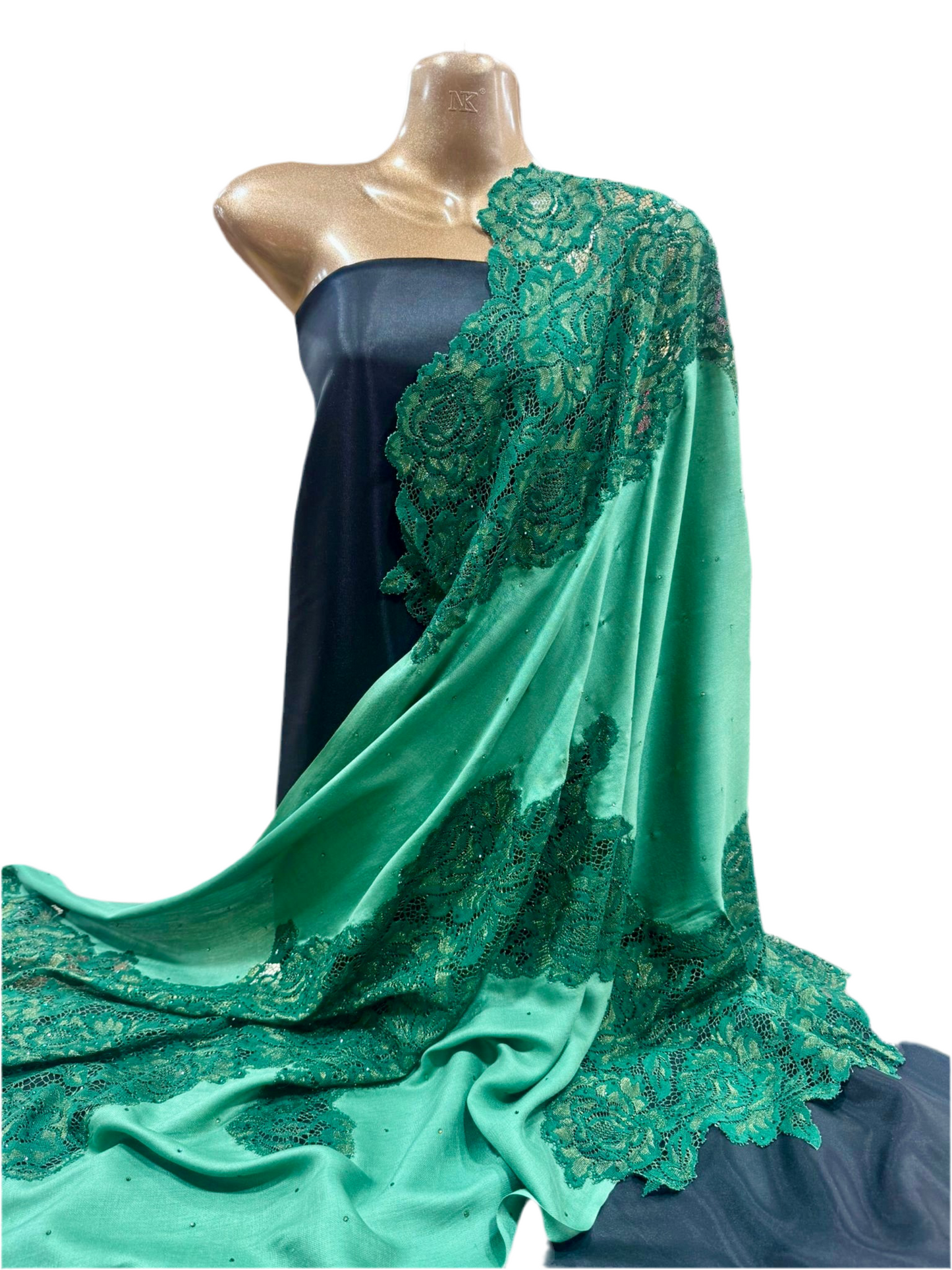 Luxury Wool & Lace Shawl with Crystal Stone Detailing – Emerald Green