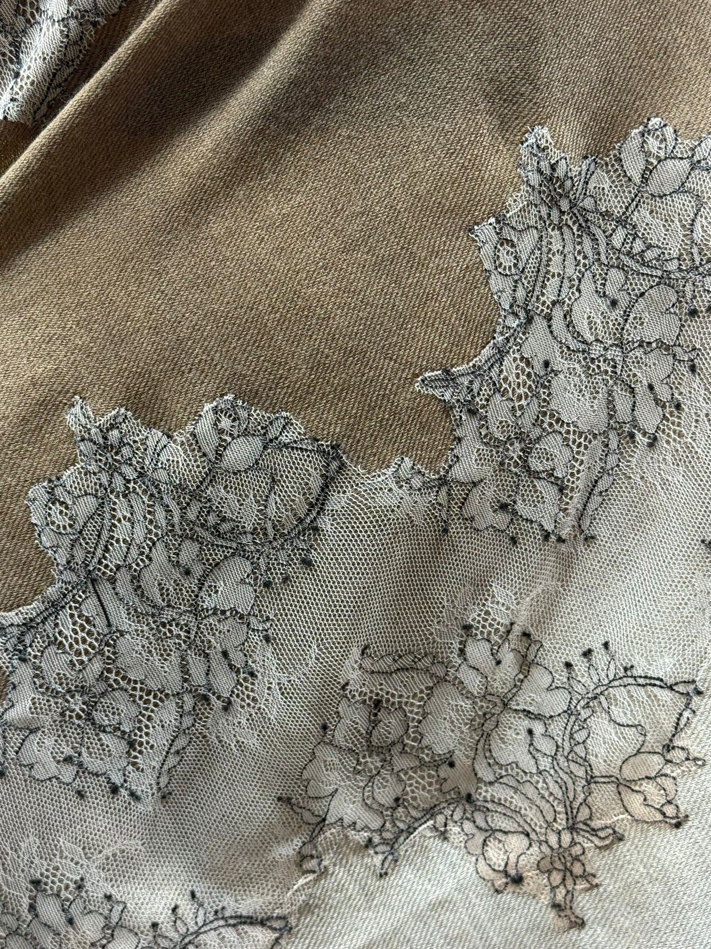 Lace-Trimmed Wool Shawl in Taupe & Stone Ombre