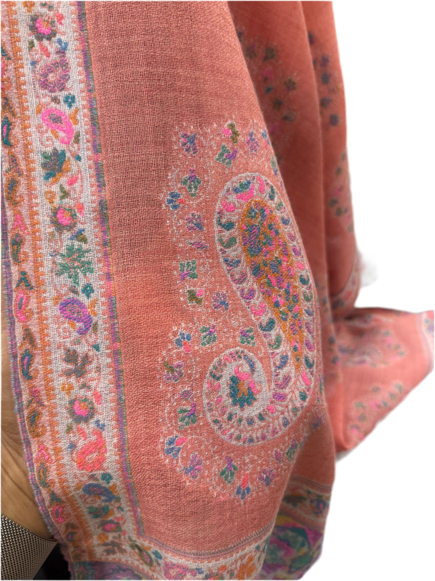 Luxury Wool Shawl with Paisley & Floral Border – Coral Pink
