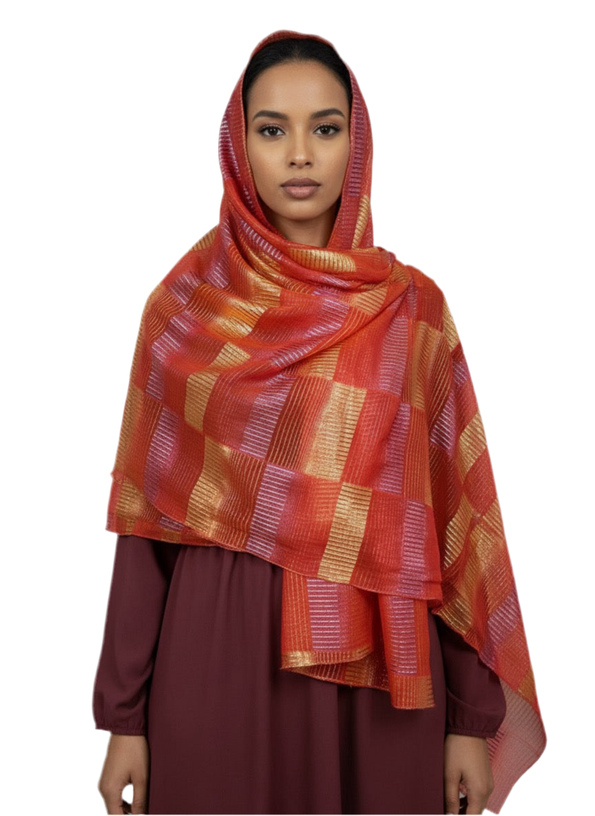 Silk Chiffon with Gold & Pink Lurex – Orange Check Design (2 Metres)