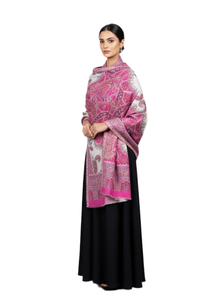 Luxury 100% Wool Jacquard Shawl – Pink & Ivory Paisley