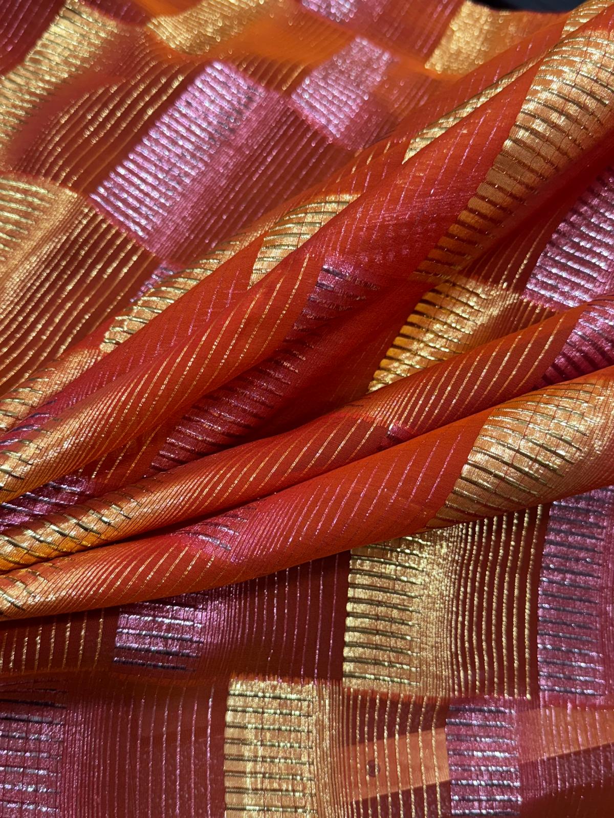 Silk Chiffon with Gold & Pink Lurex – Orange Check Design (2 Metres)
