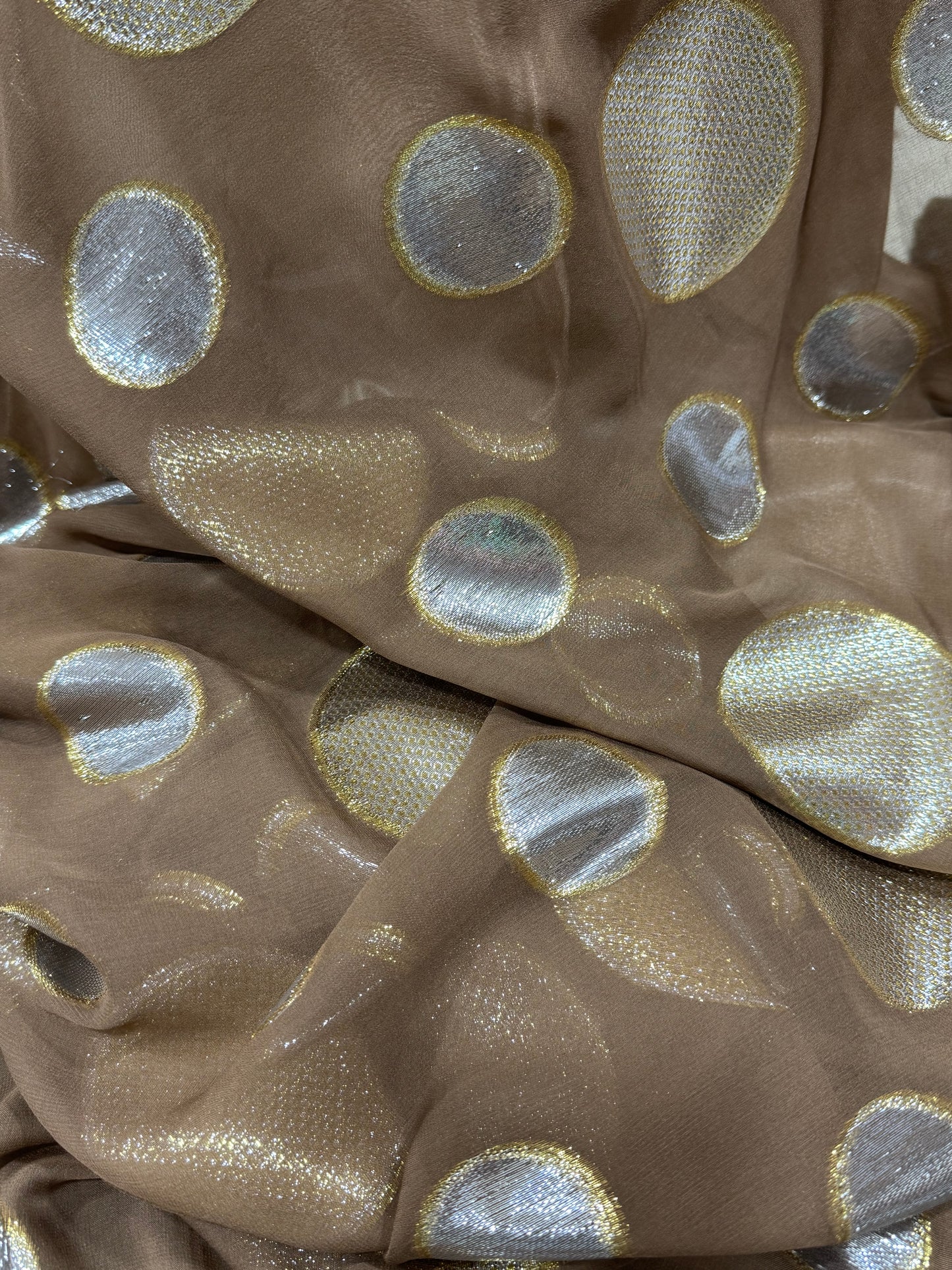 Korean Silk with Gold & Silver Lurex – Mocha Polka Dot (2.25 Metres)