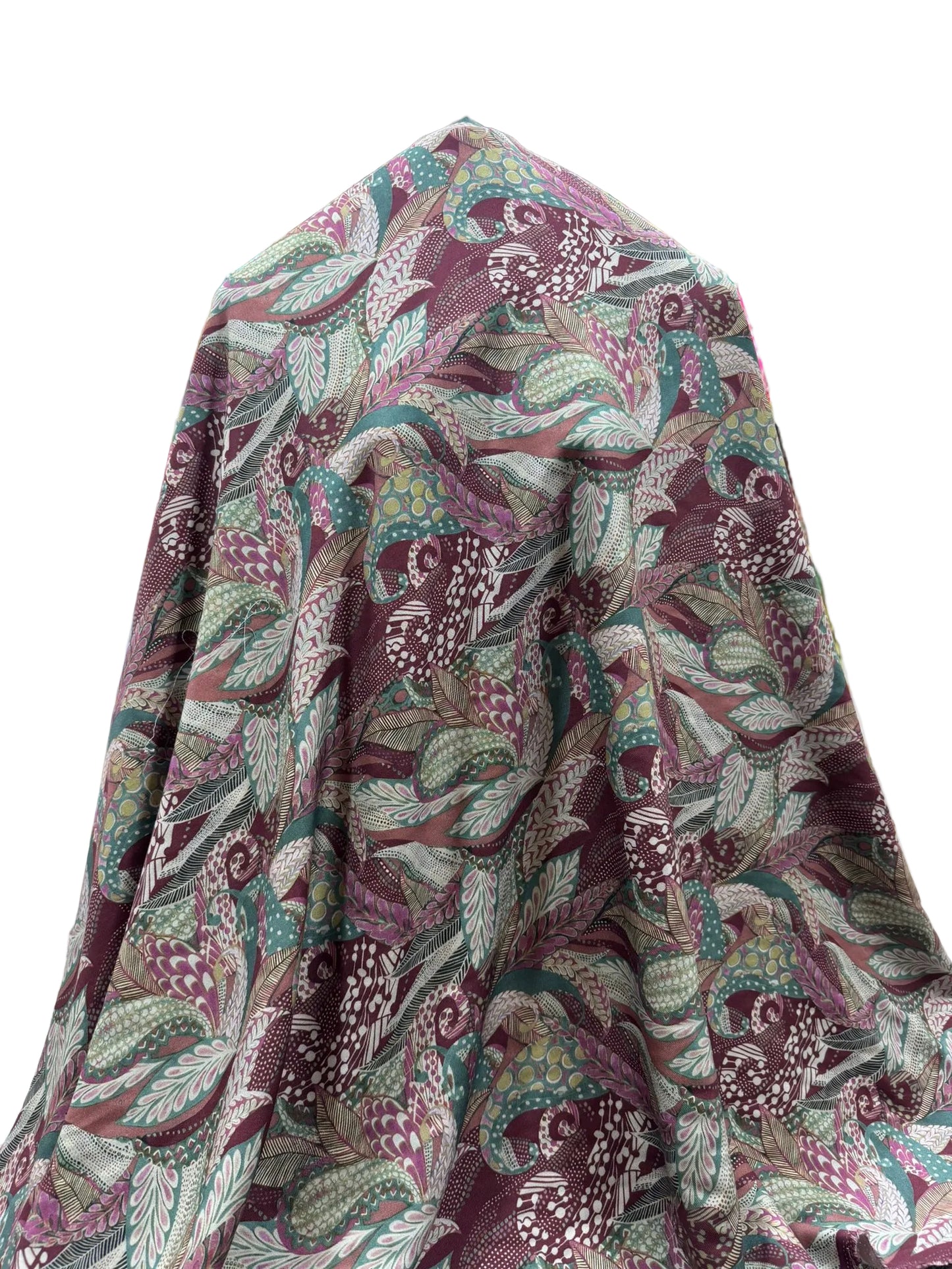 Burgundy and Teal Botanical Swirl Viscose Blend Fabric (112cm Wide)