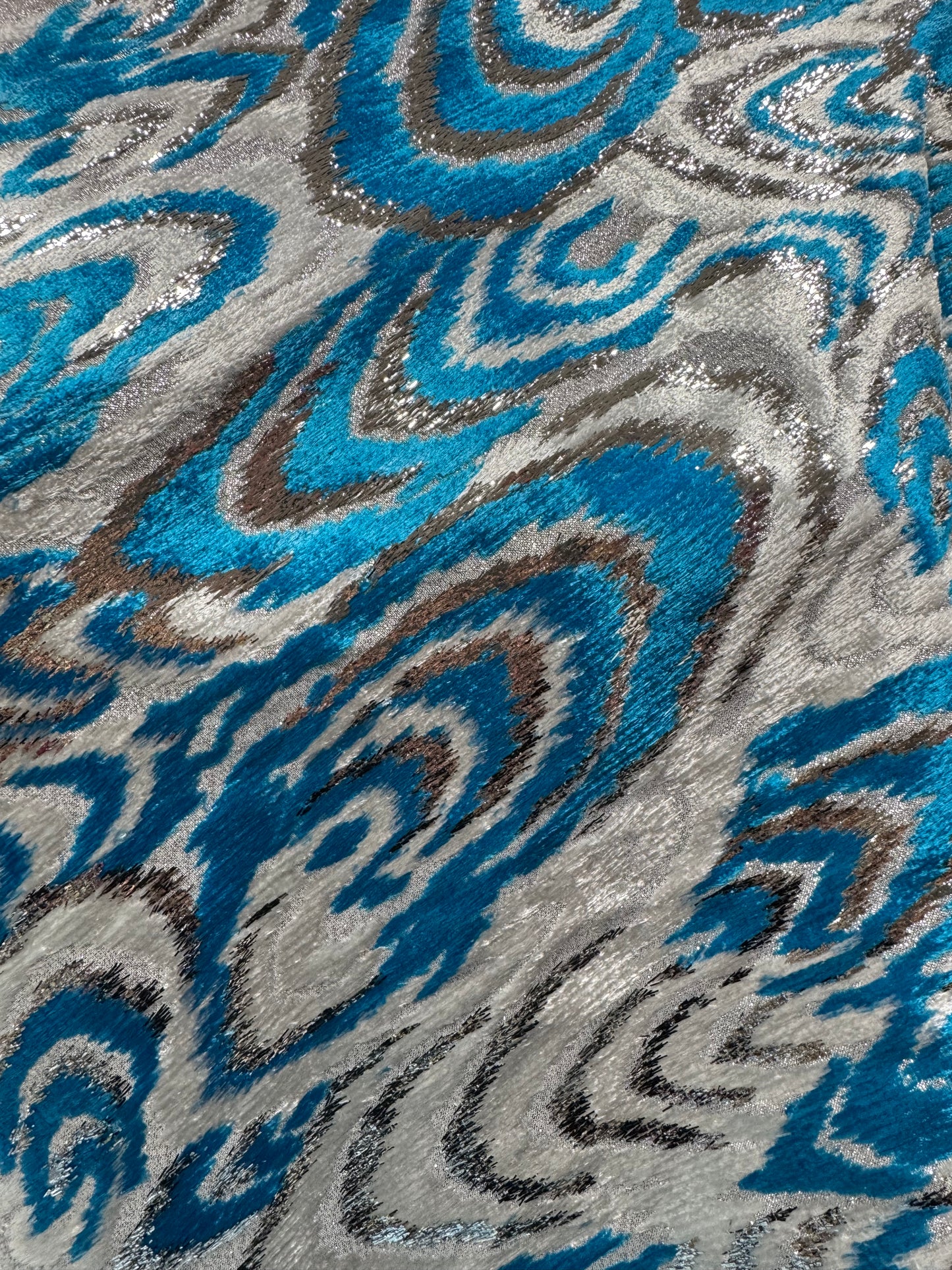 Metallic Velvet-Style Fabric – Blue & Silver Swirl Design (Sold Per Metre)