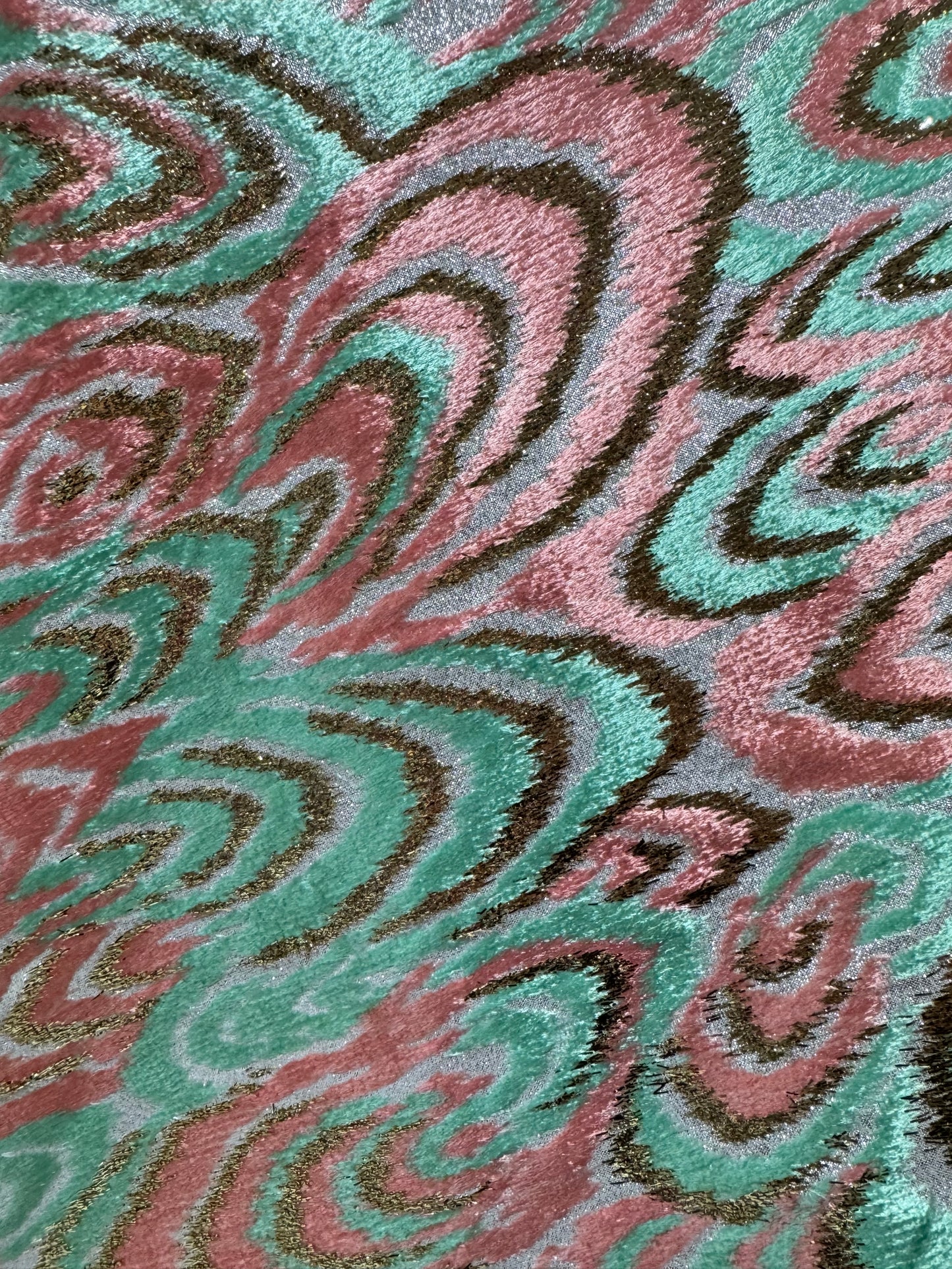 Metallic Velvet Jacquard Fabric – Pink & Mint Swirl Design (Sold Per Metre)