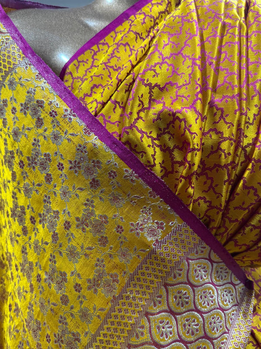Banarasi Handwoven Silk Sari in Marigold Gold & Magenta – Crafted in Varanasi