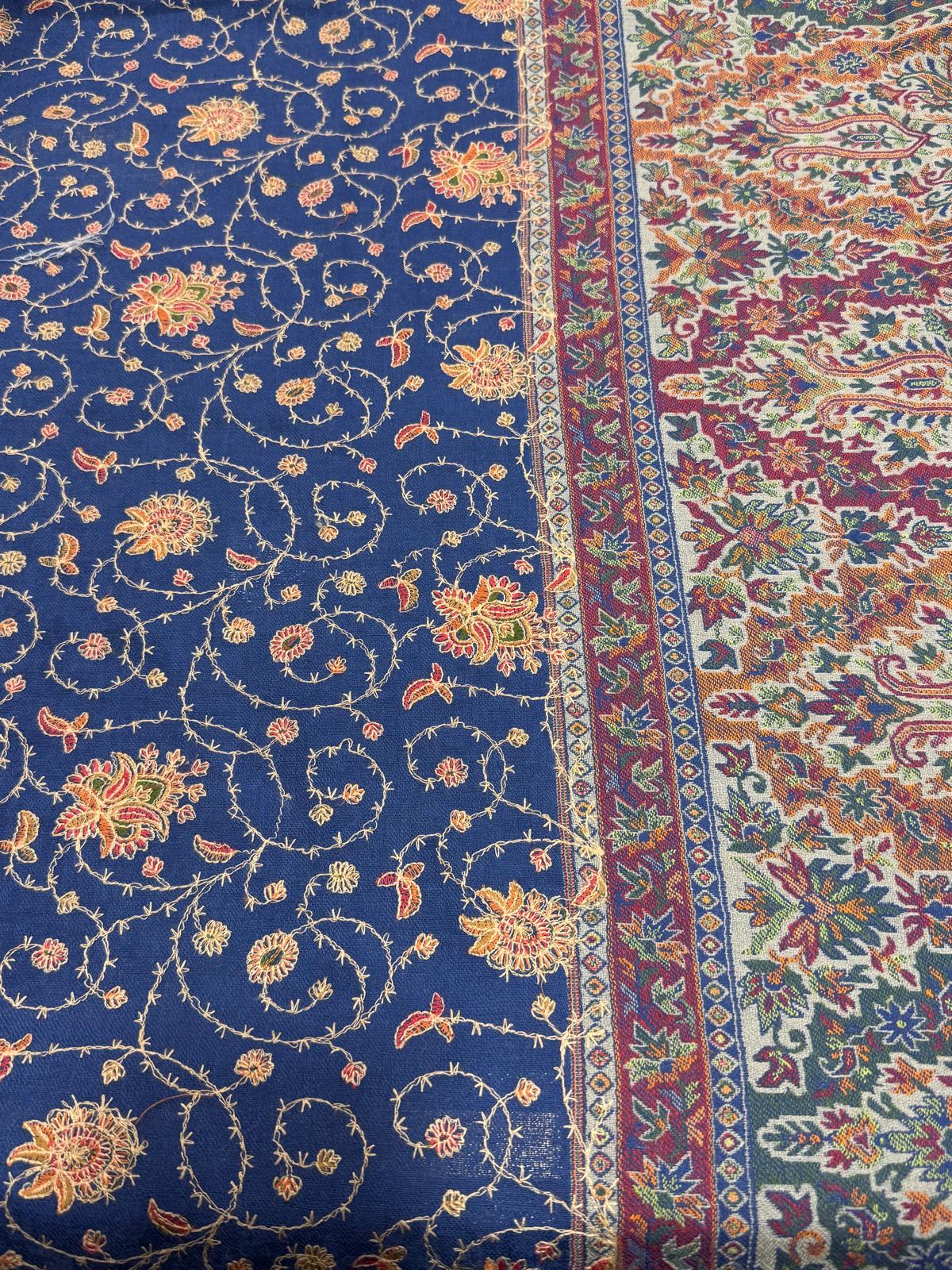 Pure Wool Hand-Embroidered Shawl in Deep Navy with Kashmiri Sozni Work – 100cm x 210cm