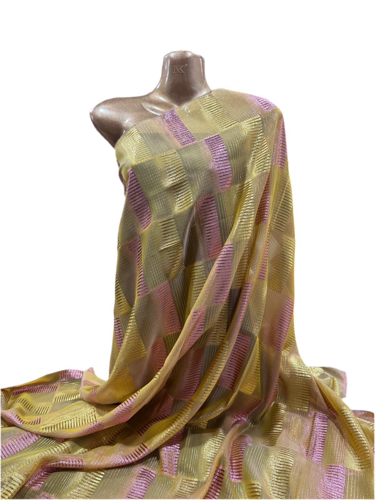 Silk Chiffon with Gold & Pink Lurex – Gold Check Design (2 Metres)