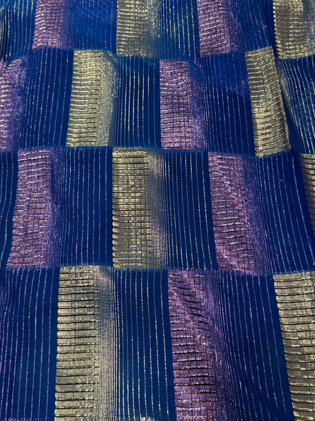 Silk Chiffon with Gold & Pink Lurex – Blue Check Design (2 Metres)