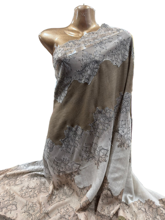 Lace-Trimmed Wool Shawl in Taupe & Stone Ombre
