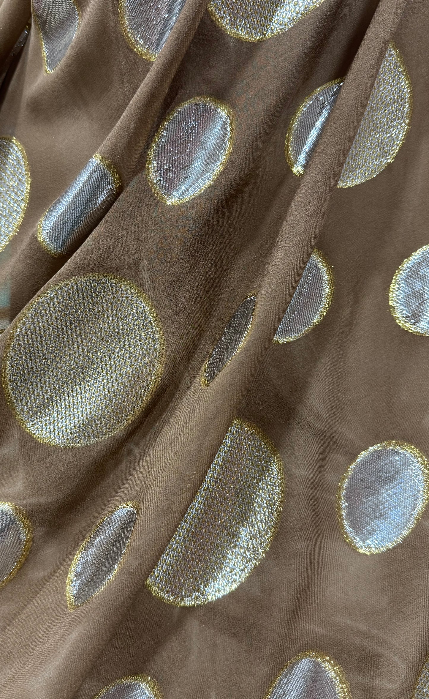 Korean Silk with Gold & Silver Lurex – Mocha Polka Dot (2.25 Metres)