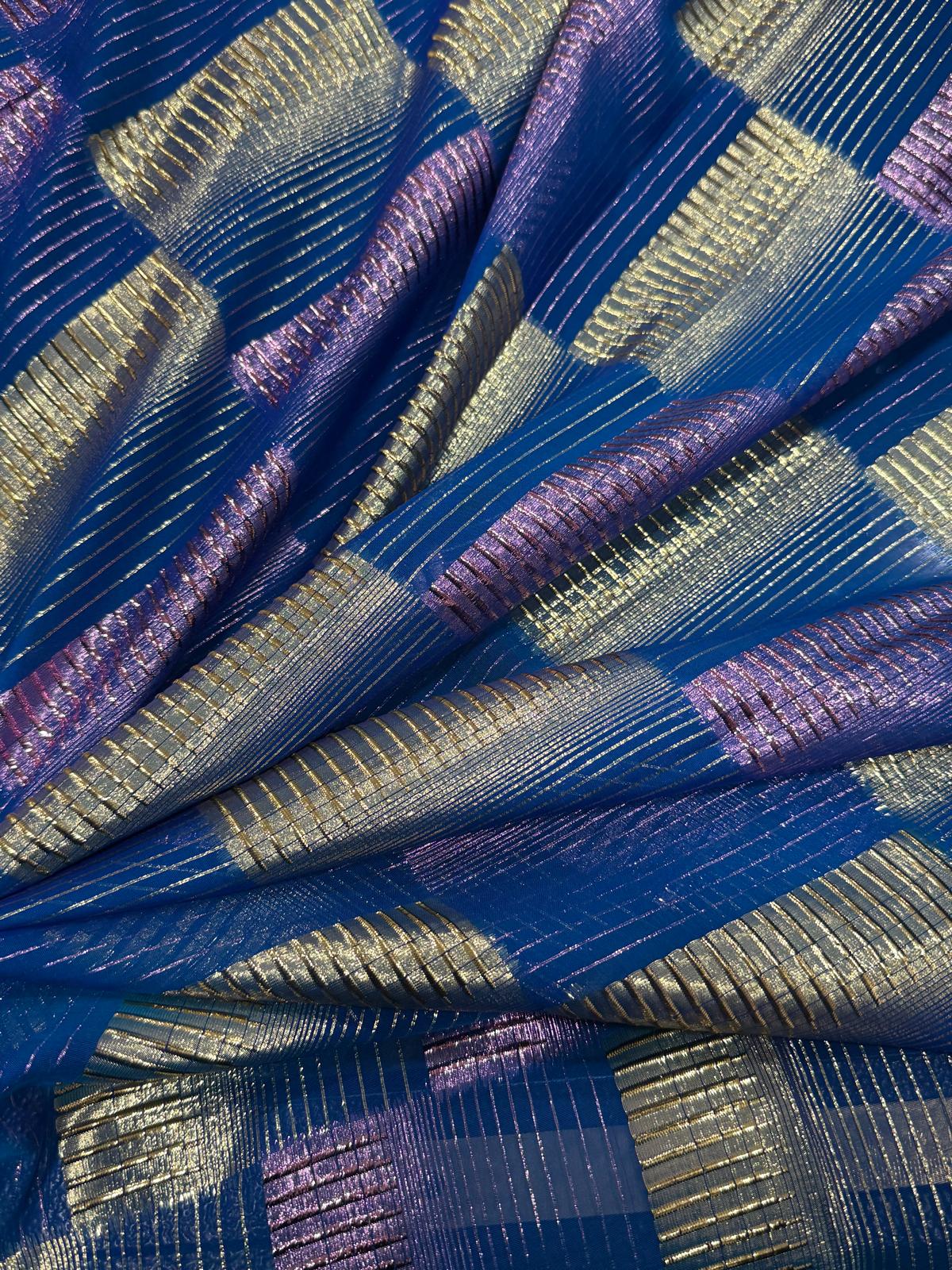 Silk Chiffon with Gold & Pink Lurex – Blue Check Design (2 Metres)