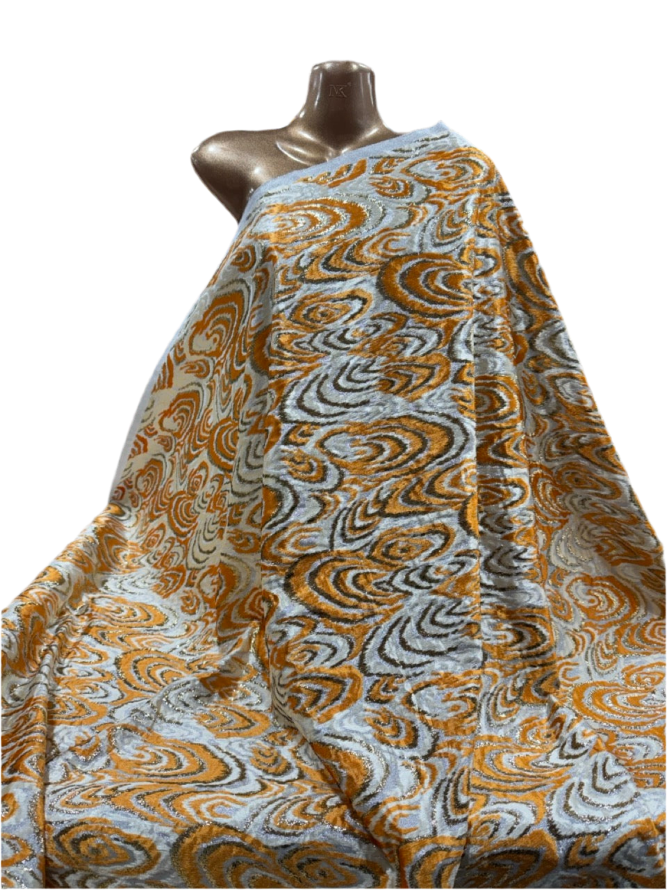 Metallic Velvet Fabric – Golden Amber Swirl Design (Sold Per Metre)