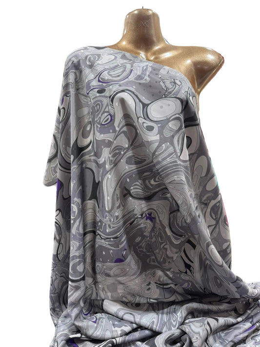Grey Abstract Swirl Print Fabric (140cm Wide) | 100% Polyester