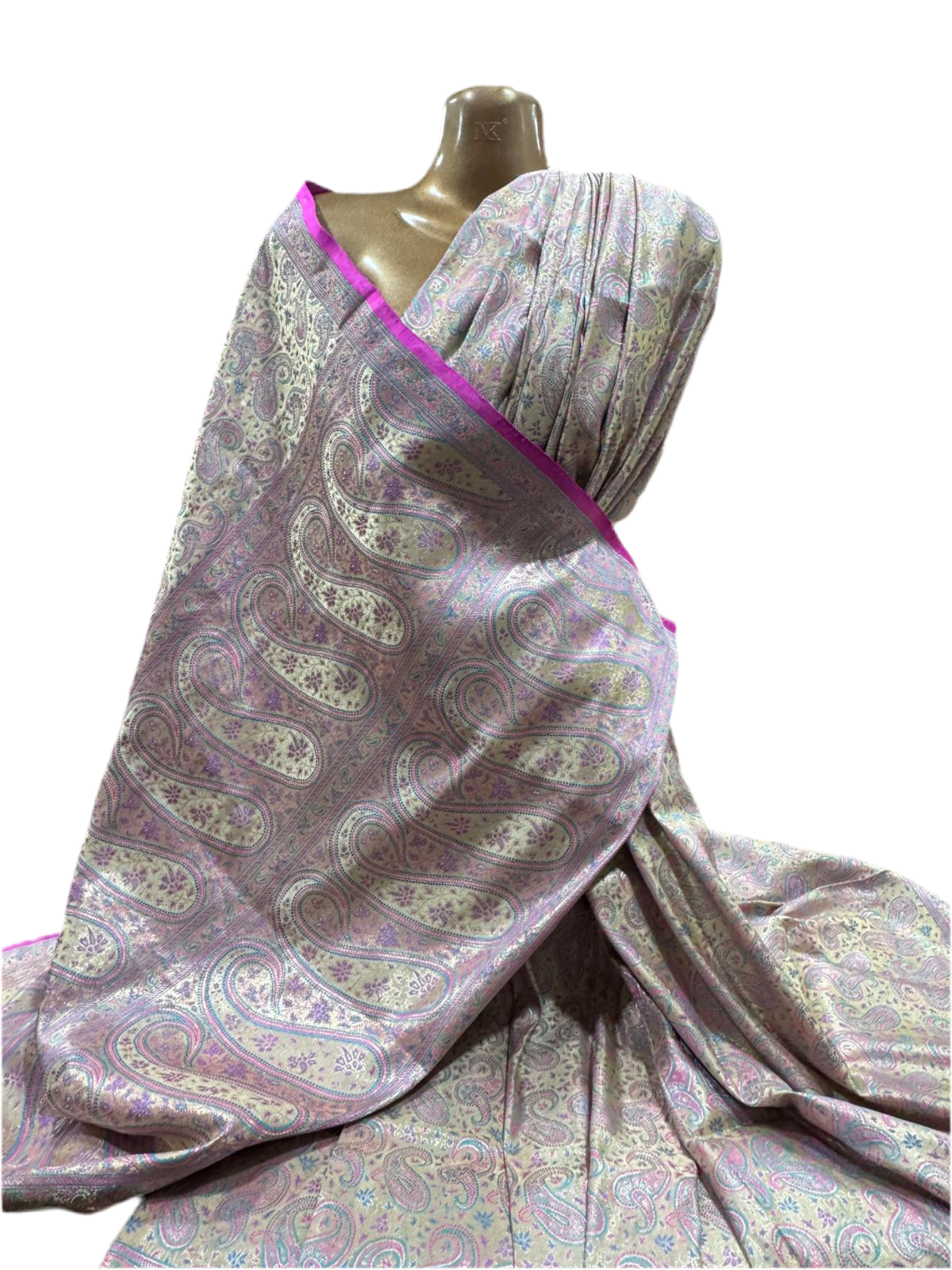 Banarasi Silk Sari in Soft Gold with Teal and Magenta Paisley Weave – Handcrafted in Varanasi