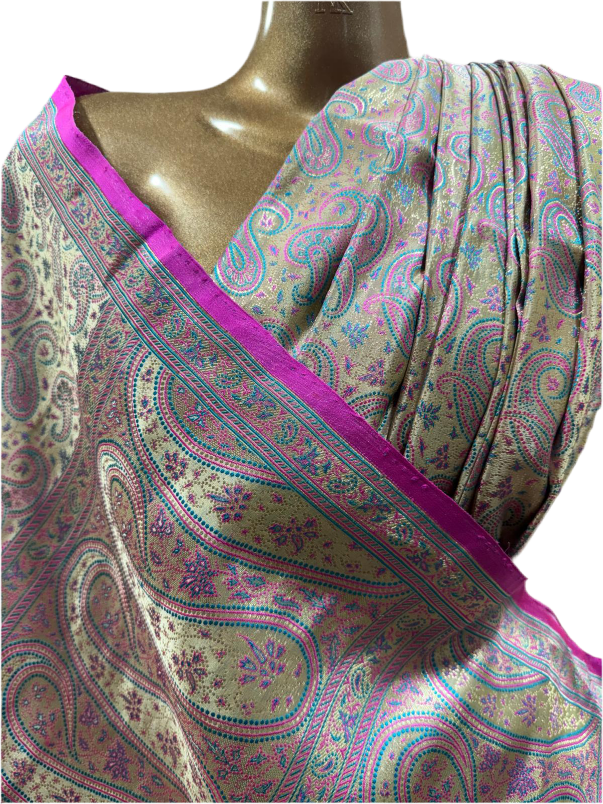 Banarasi Silk Sari in Soft Gold with Teal and Magenta Paisley Weave – Handcrafted in Varanasi