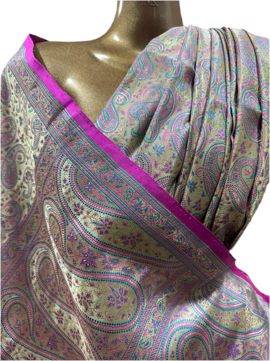 Banarasi Silk Sari in Soft Gold with Teal and Magenta Paisley Weave – Handcrafted in Varanasi