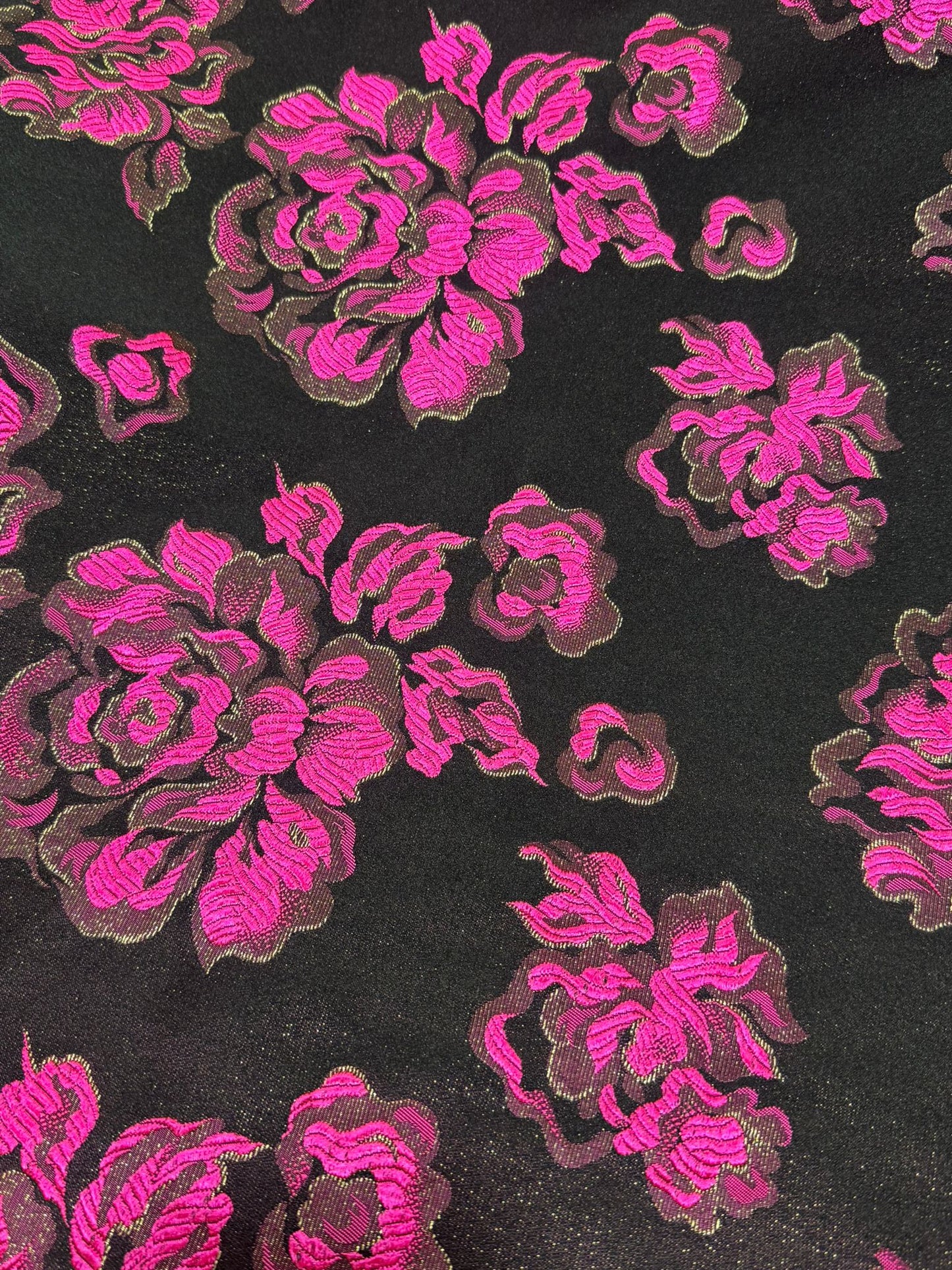 Black Brocade Fabric with Hot Pink Roses (112cm Wide)