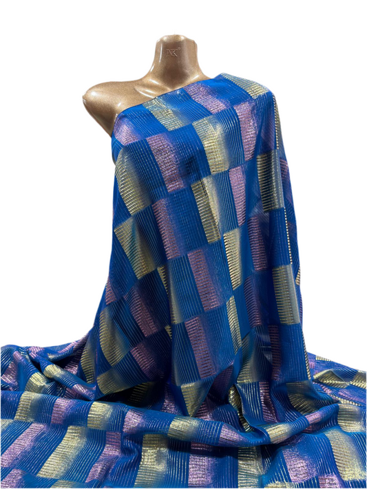 Silk Chiffon with Gold & Pink Lurex – Blue Check Design (2 Metres)