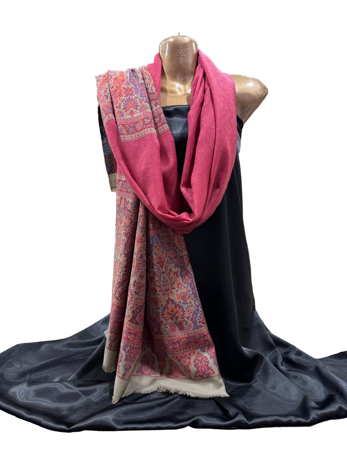 Kashmiri Wool Shawl – Rose Pink with Traditional Sozni Border (100% Wool, Made in India)